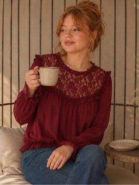 ModCloth Burgundy Lace Yoke Long-Sleeve Blouse